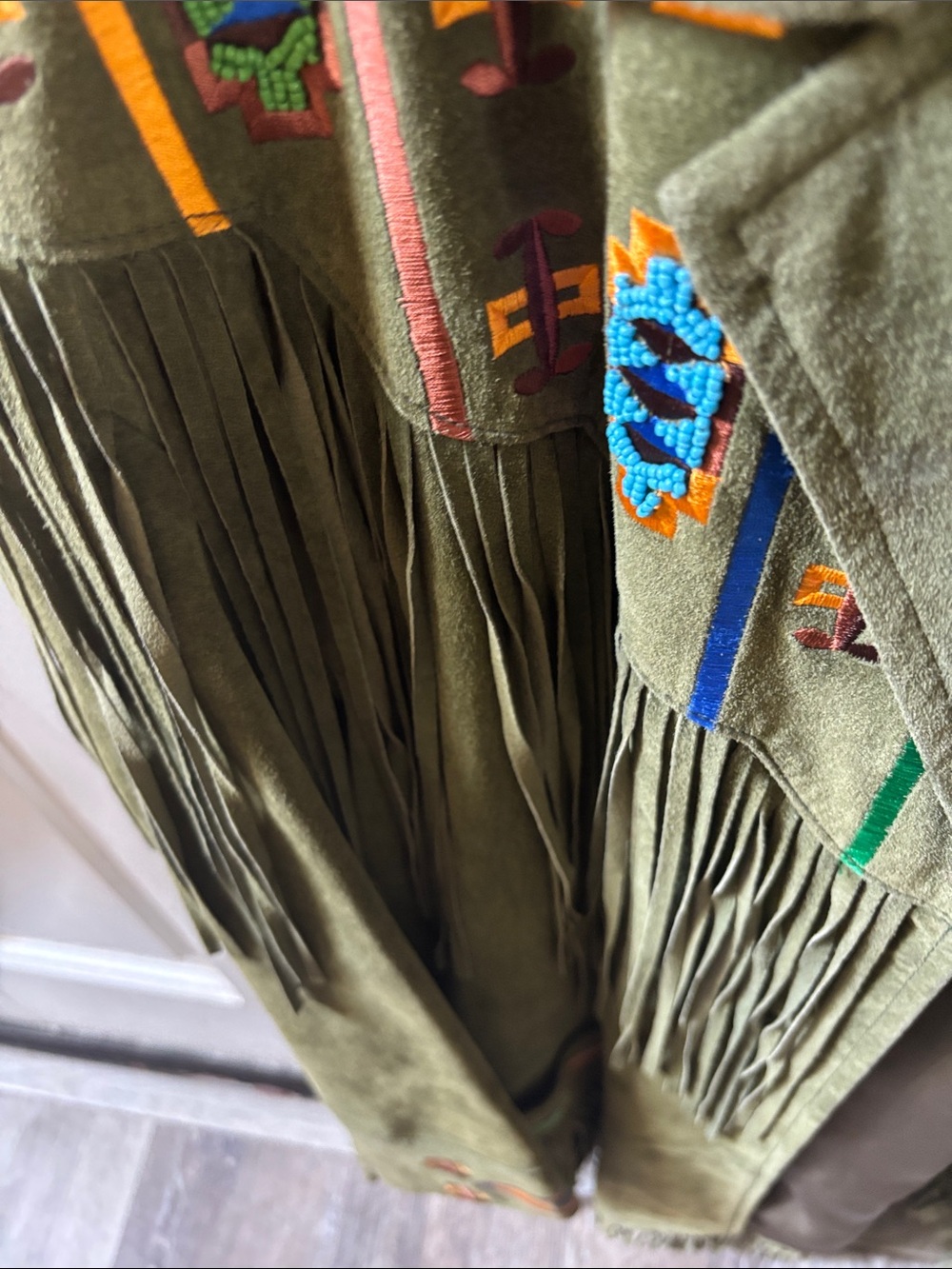 Olive Suede Fringe Jacket with Southwestern Embroidery vintage - Picture 3 of 6